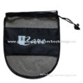 Drawstring mesh laundry bags in black color, ellipse bottom with woven label, silkscreen printing